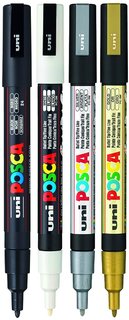 Sada akrylových popisovačů PC-3M Posca, 4 ks, 0,9-1,3 mm, černá, bílá, zlatá, stříbrná-2
