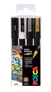 Sada akrylových popisovačů PC-3M Posca, 4 ks, 0,9-1,3 mm, černá, bílá, zlatá, stříbrná-1