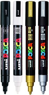 Sada akrylových popisovačů PC-5M Posca, 4 ks, 2,5 mm, černá, bílá, zlatá, stříbrná-2