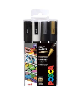 Sada akrylových popisovačů PC-5M Posca, 4 ks, 2,5 mm, černá, bílá, zlatá, stříbrná-1